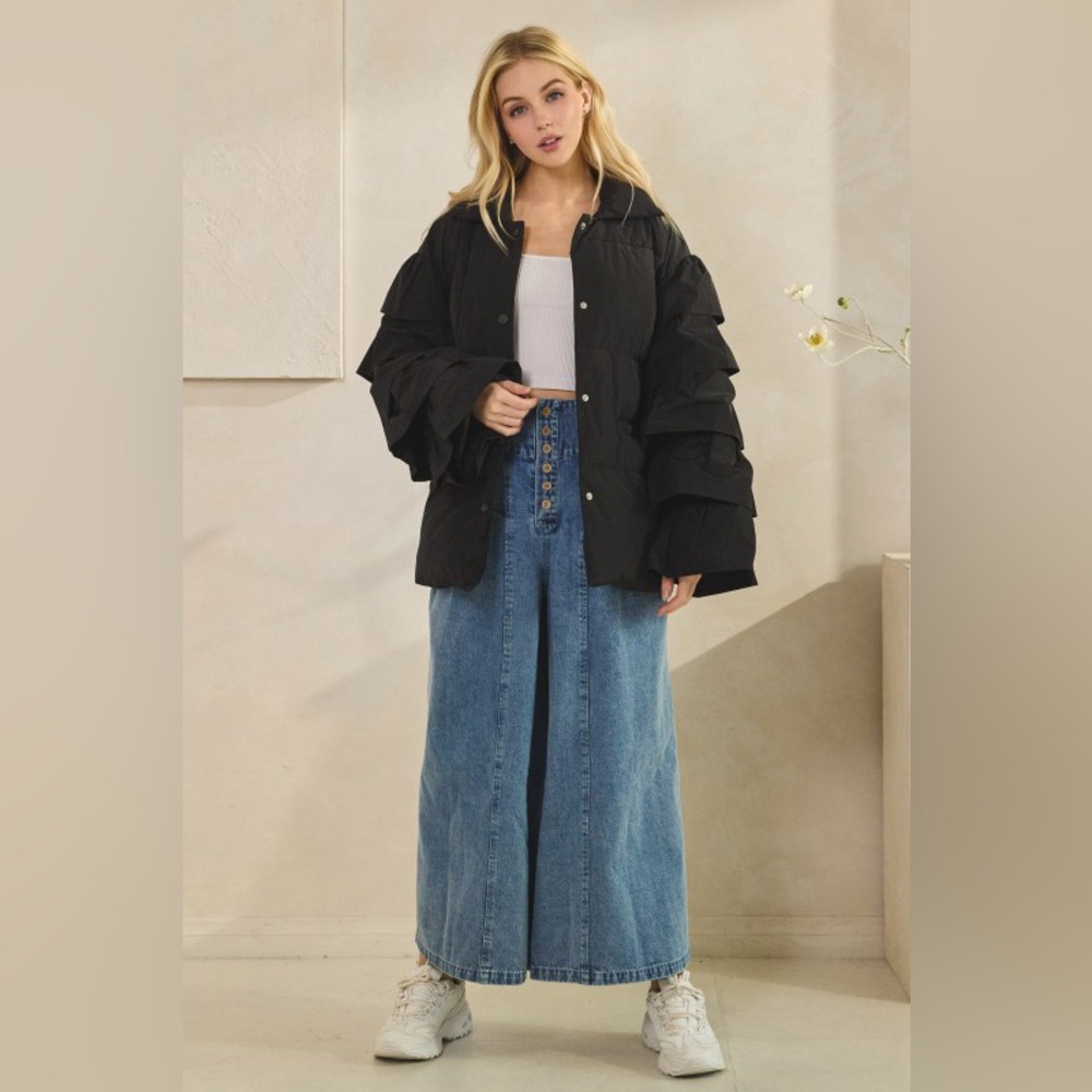 #136 Ruffle Puffer Jacket- Black - Picture 5 of 6